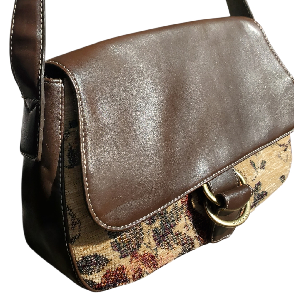 Nine West Floral Tapestry Brown Leather Shoulder Purse, Grandmacore Elevated